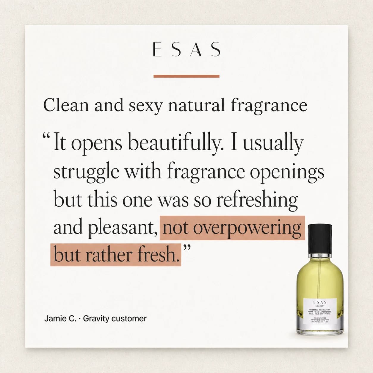 Real customer review card for Gravity fragrance