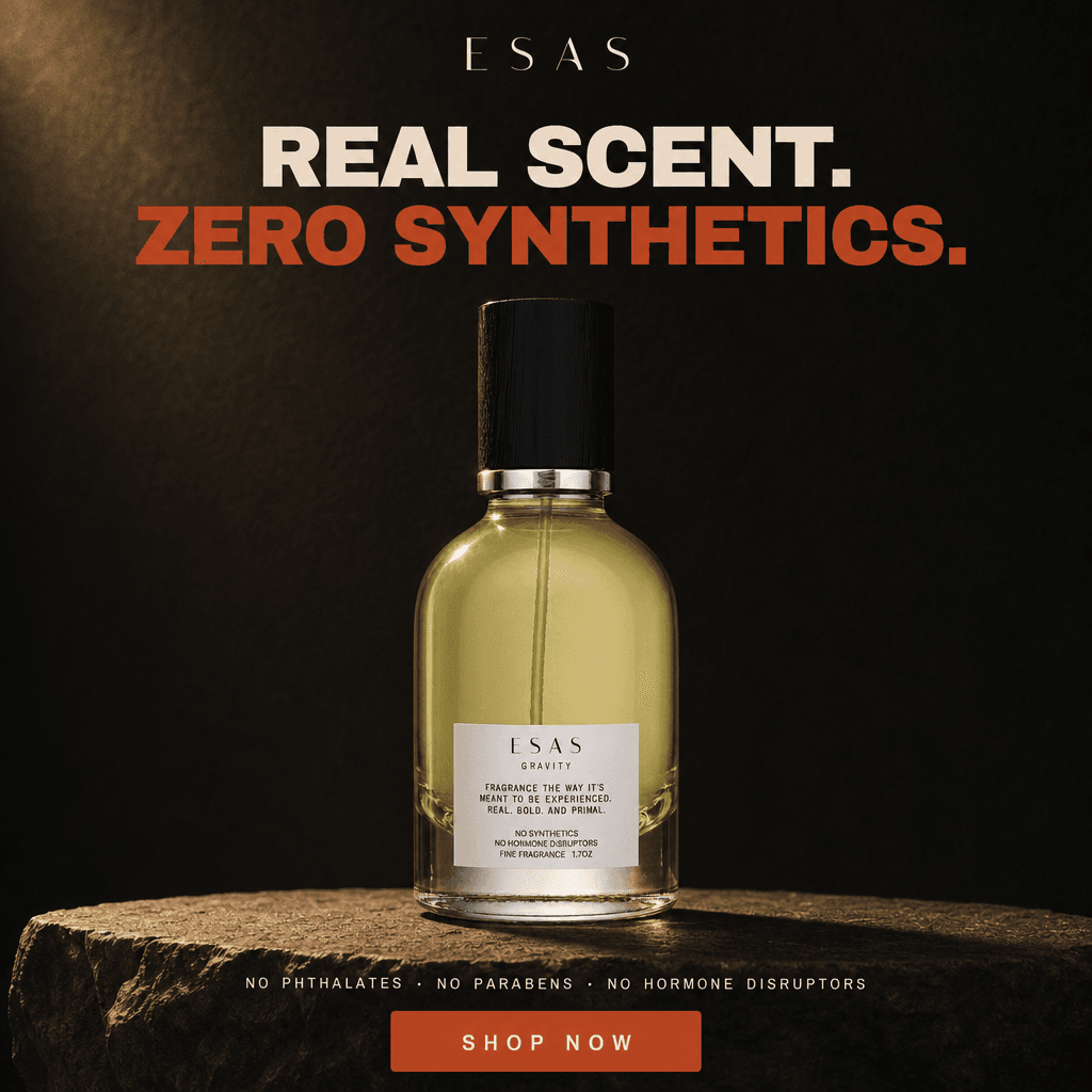 ESAS fragrance ad reading Real scent. Zero synthetics.